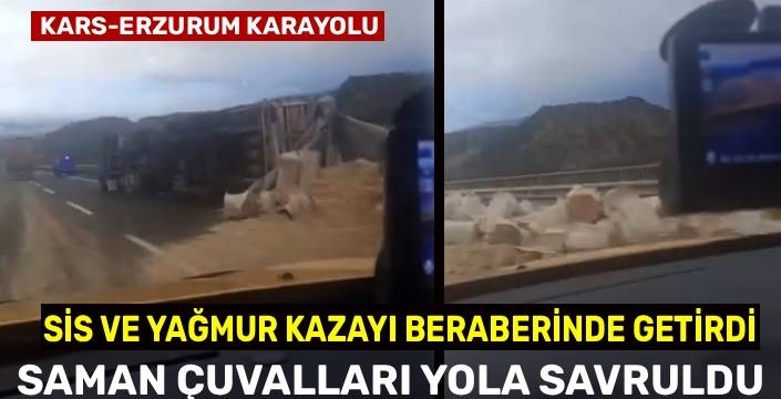 Kars-Erzurum Karayolunda Tır Devrildi: Saman Çuvalları Yola Savruldu