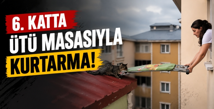 Kars'ta 6 Katlı Binanın Çatısında Mahsur Kalan Kedi Ütü Masasıyla Kurtarıldı